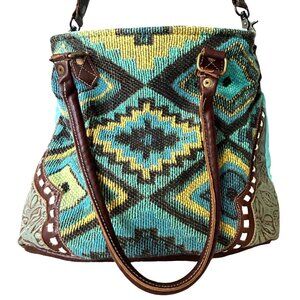 Myra Bag Crossbody Shoulder Handbag Southwestern Woven Canvas Leather Strap Teal